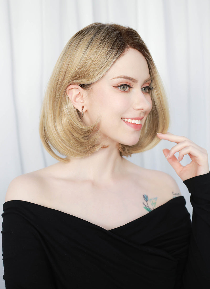 Mixed Blonde With Dark Roots Straight Bob Mono Top Lace Wig MN002