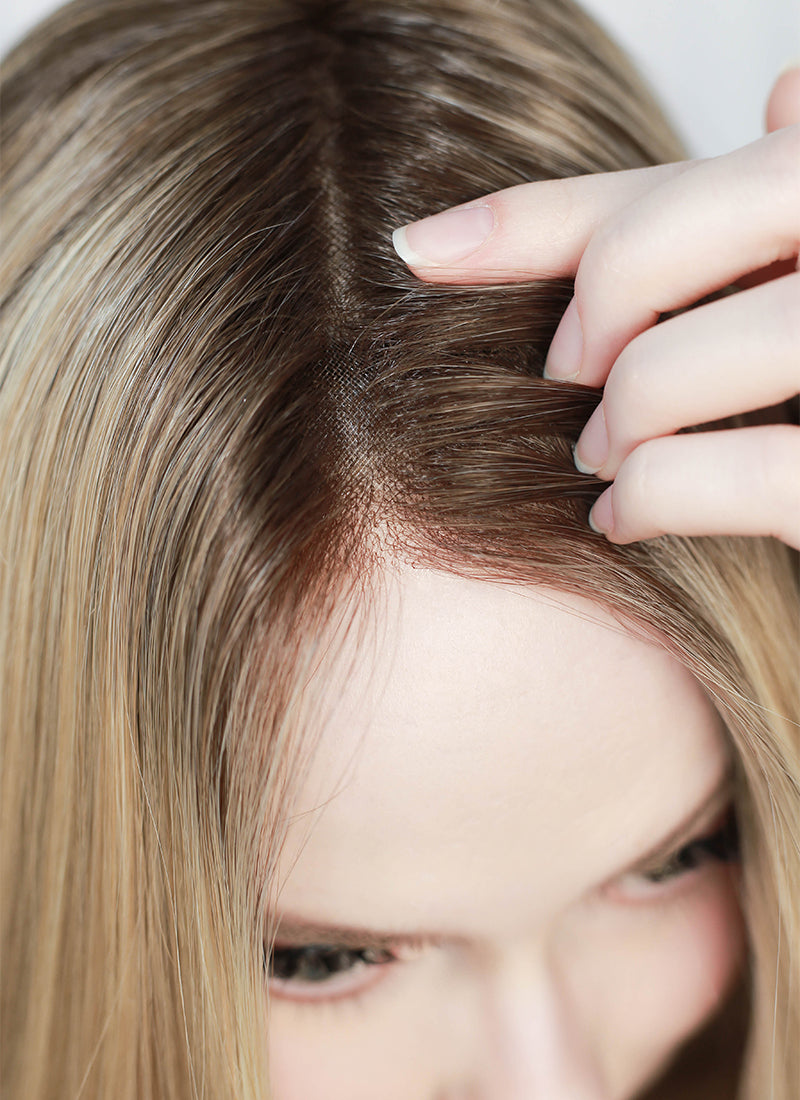 Mixed Blonde With Dark Roots Straight Bob Mono Top Lace Wig MN002