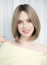 Balayage Blonde With Dark Roots Straight Bob Mono Top Lace Wig MN005