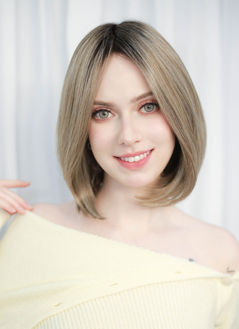 Balayage Blonde With Dark Roots Straight Bob Mono Top Lace Wig MN005