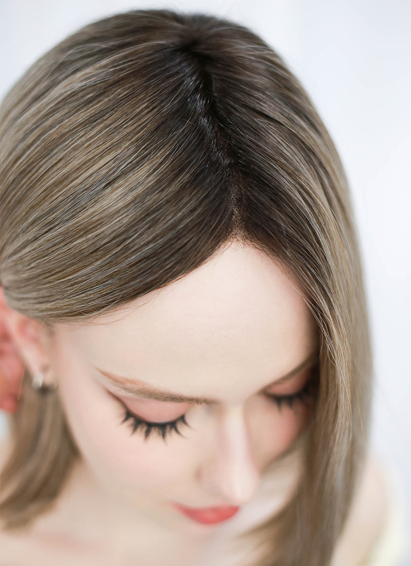 Balayage Blonde With Dark Roots Straight Bob Mono Top Lace Wig MN005
