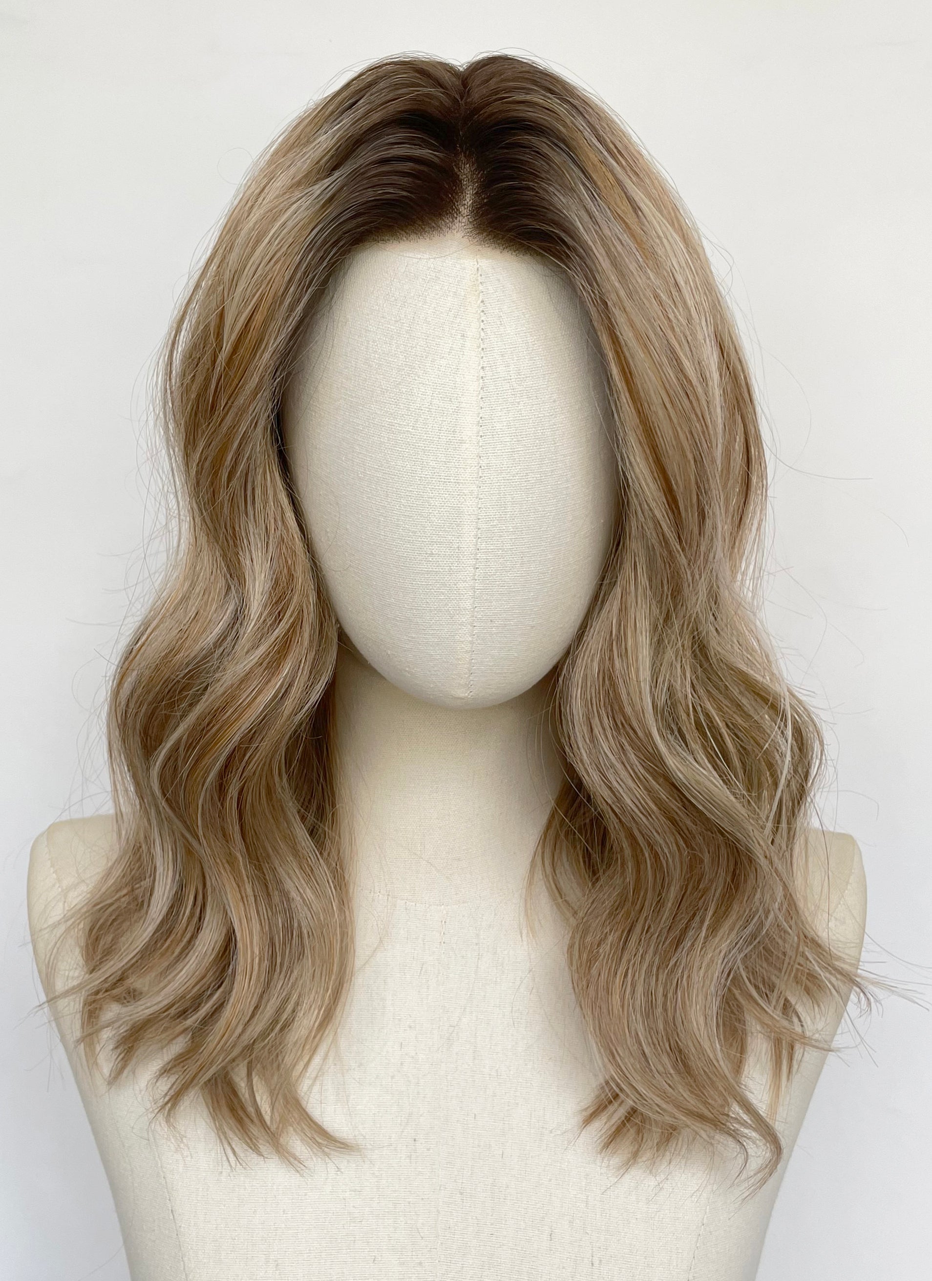 Mixed Blonde With Dark Roots Wavy Mono Top Lace Wig MN013