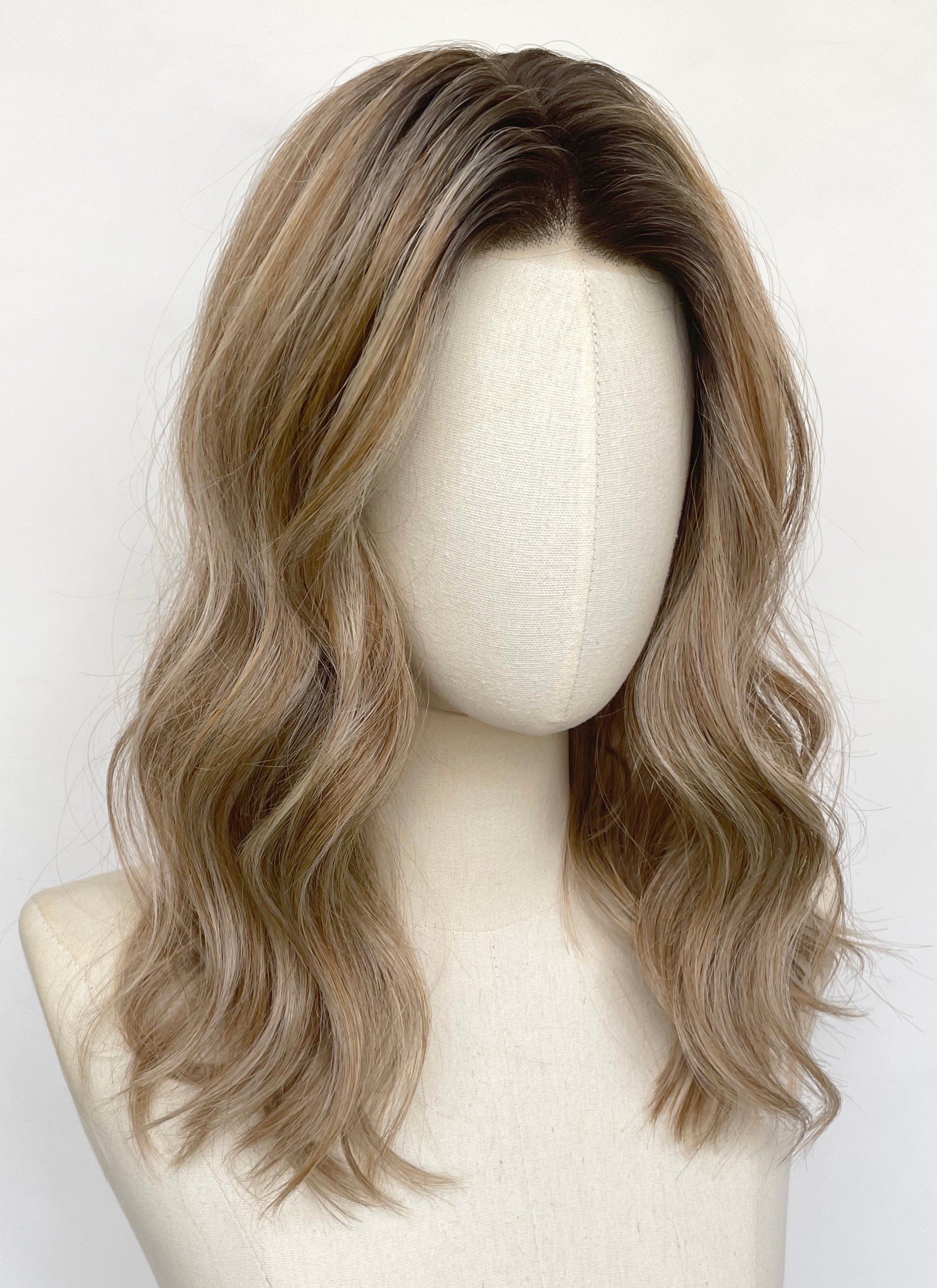 Mixed Blonde With Dark Roots Wavy Mono Top Lace Wig MN013