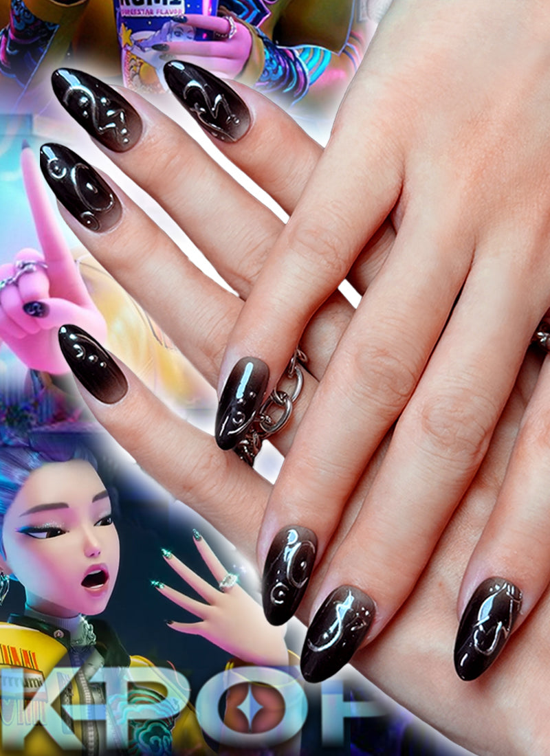 KPop Demon Hunters Rumi Inspired Black Almond Handmade Press-On