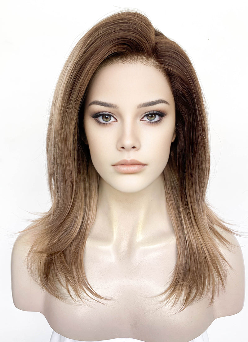 Brown With Dark Roots Straight Lace Front Synthetic Wig | WigIsFashion