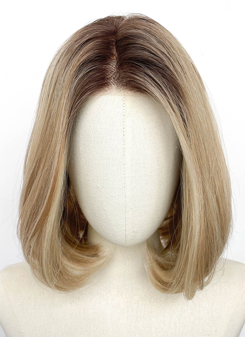 Mixed Blonde With Dark Roots Straight Bob Mono Top Lace Wig MN002