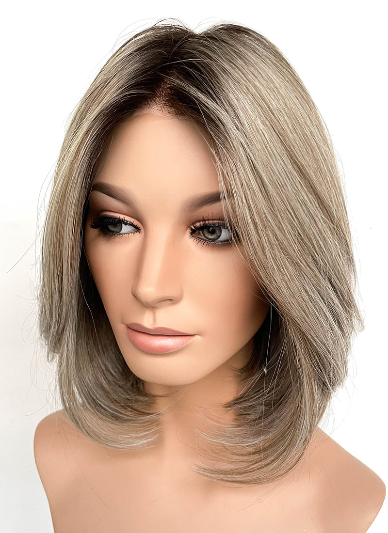 Balayage Blonde With Dark Roots Straight Bob Mono Top Lace Wig MN005