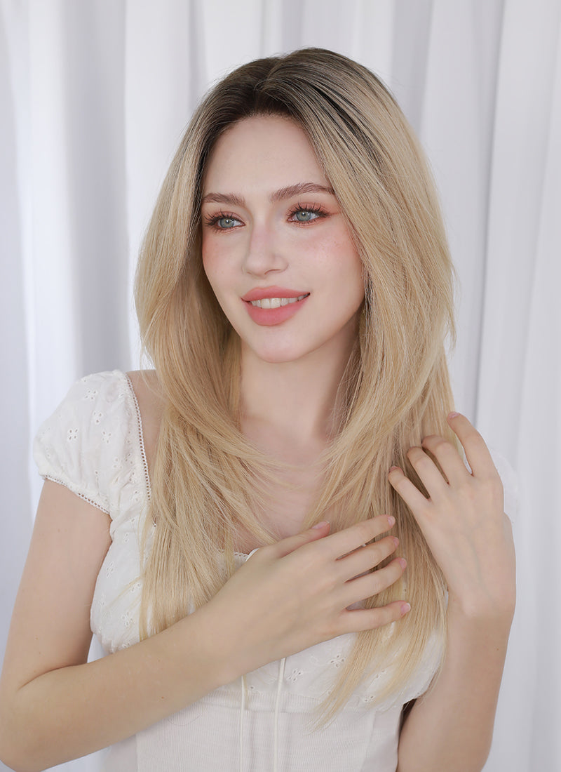 Blonde With Dark Roots Straight Mono Top Kanekalon Lace Wig MN020