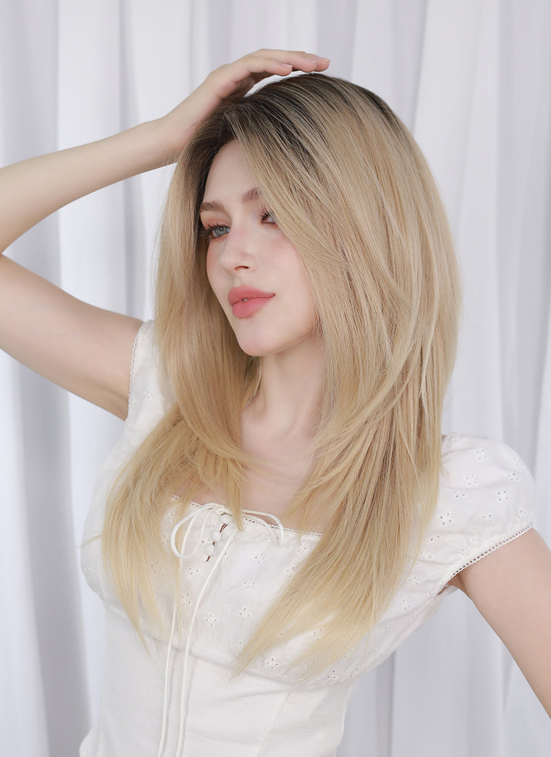 Blonde With Dark Roots Straight Mono Top Kanekalon Lace Wig MN020