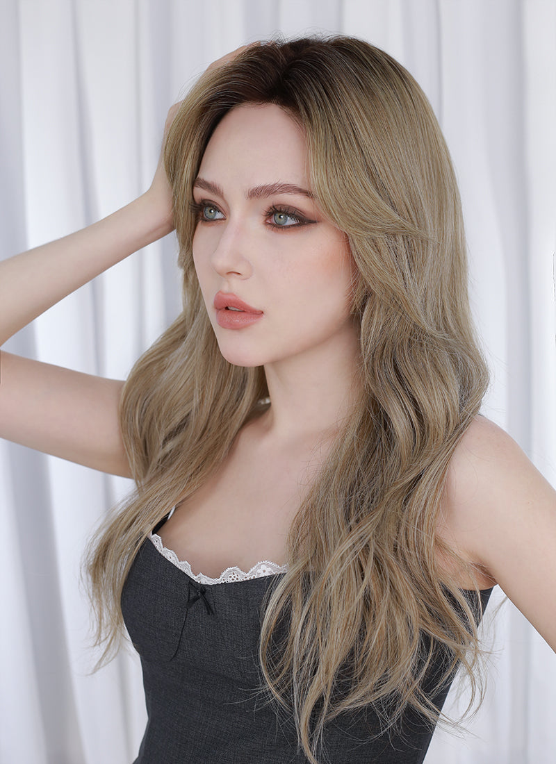 Ash Blonde With Dark Roots Wavy Mono Top Kanekalon Lace Wig MN023