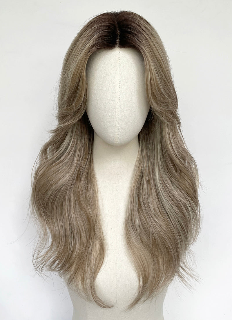 Ash Blonde With Dark Roots Wavy Mono Top Kanekalon Lace Wig MN023