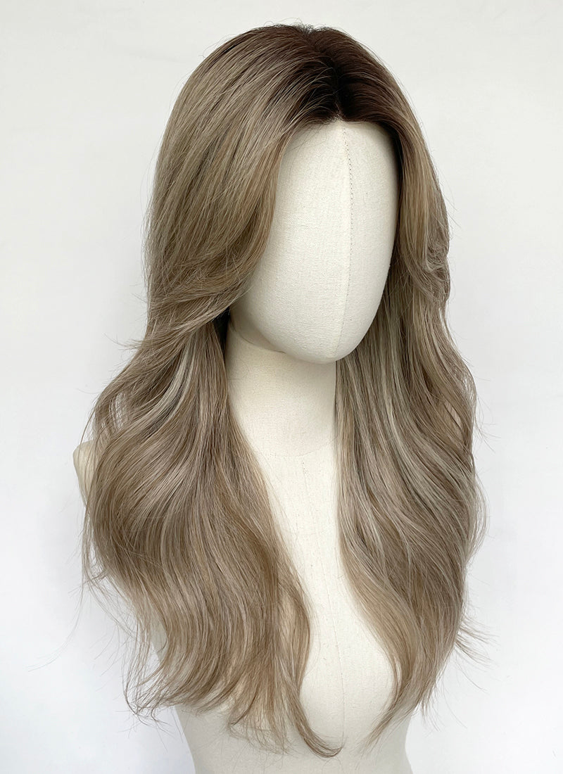 Ash Blonde With Dark Roots Wavy Mono Top Kanekalon Lace Wig MN023