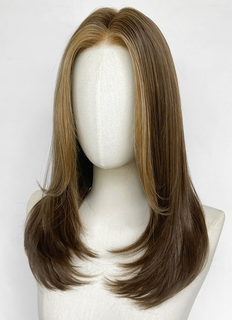 Brown With Blonde Money Piece Straight Mono Top Kanekalon Lace Wig MN026