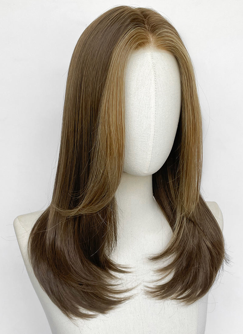 Brown With Blonde Money Piece Straight Mono Top Kanekalon Lace Wig MN026