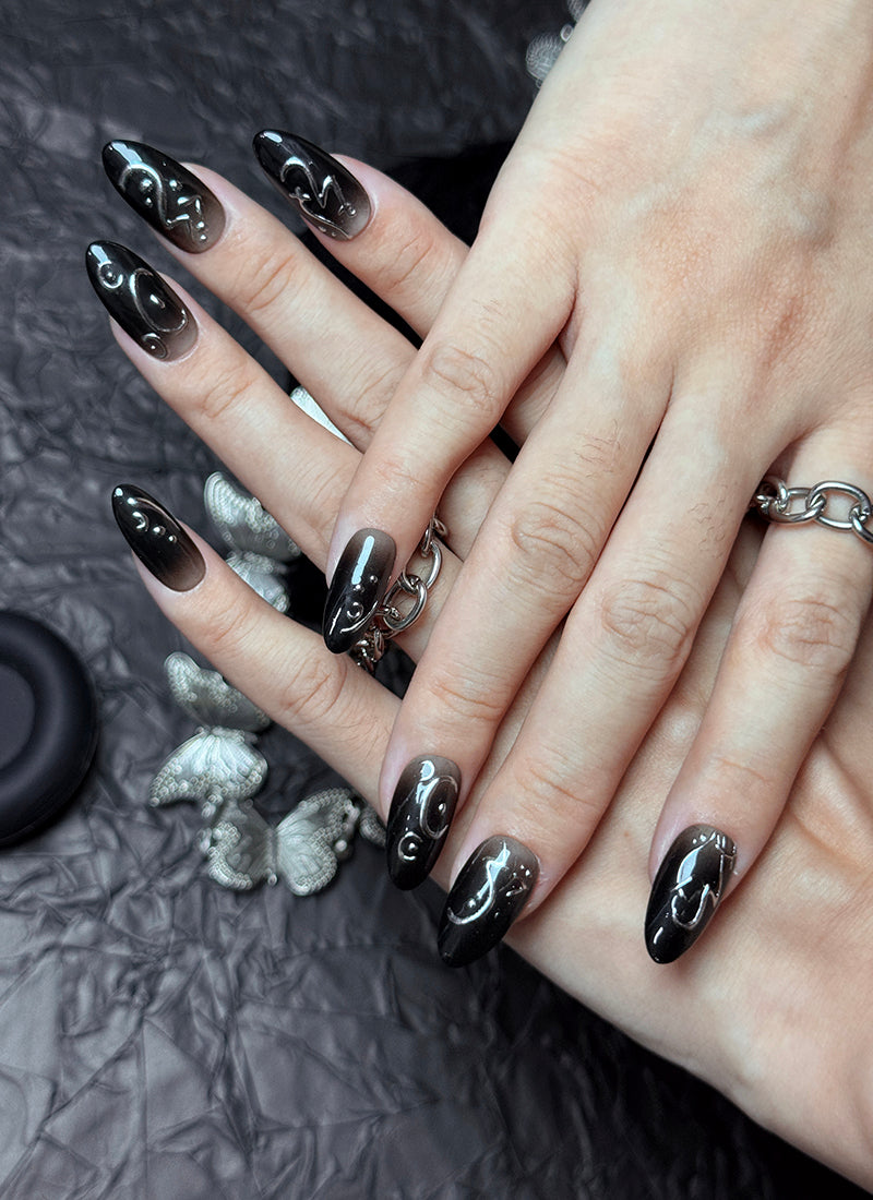 KPop Demon Hunters Rumi Inspired Black Almond Handmade Press-On Nails NF097