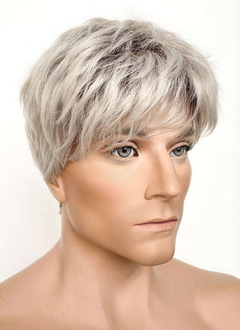 Ash Blonde With Dark Roots Straight Pixie Synthetic Men's Hair Wig NS424