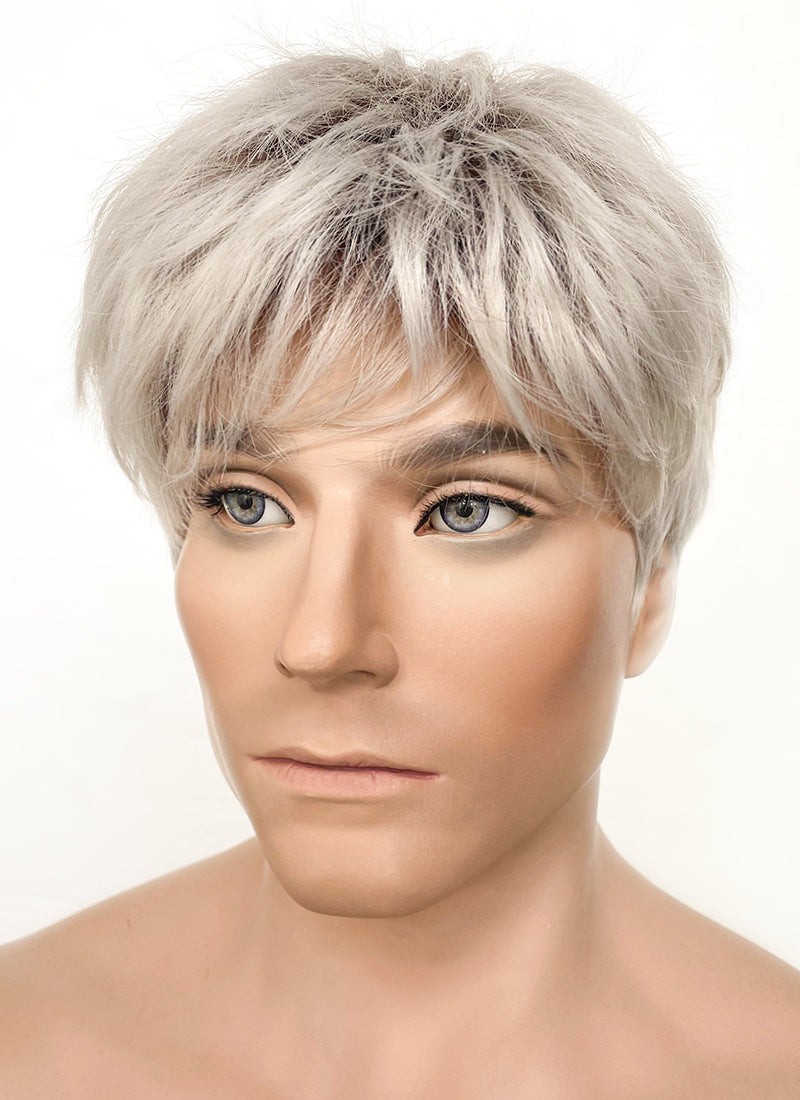 Ash Blonde With Dark Roots Straight Pixie Synthetic Men's Hair Wig NS424