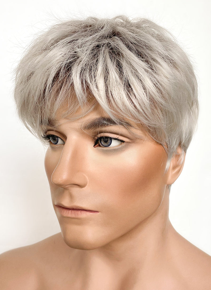 Ash Blonde With Dark Roots Straight Pixie Synthetic Men's Hair Wig NS424