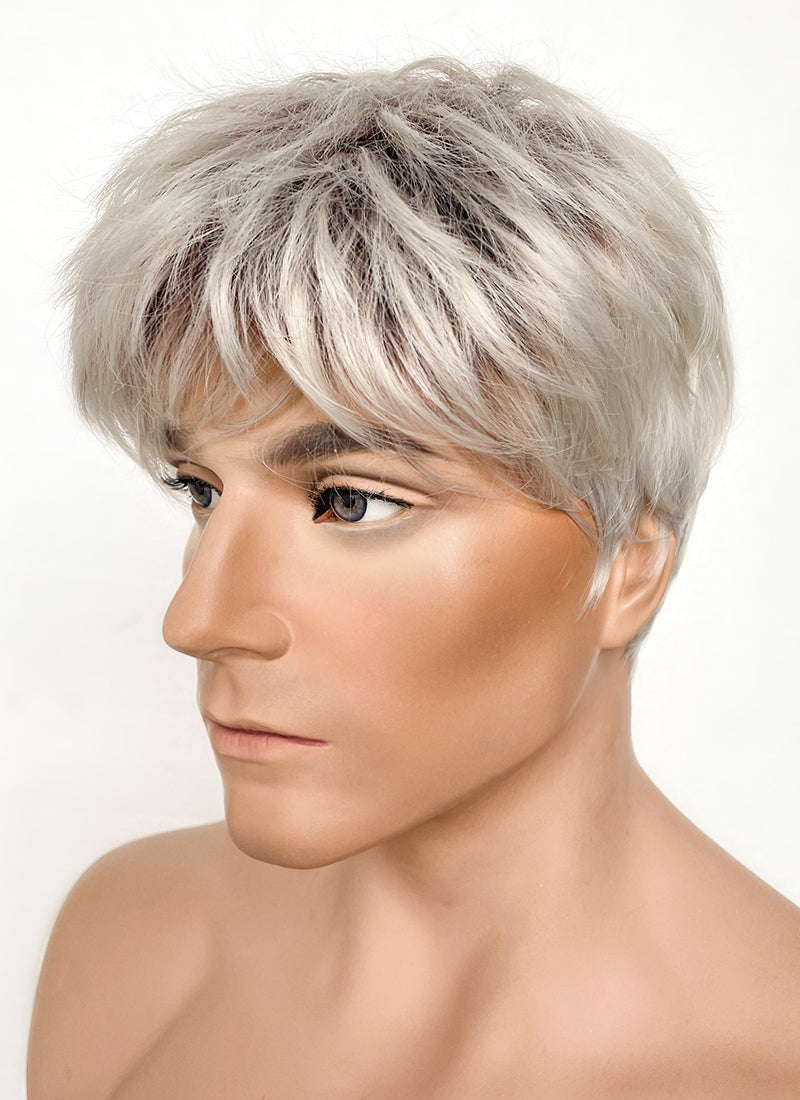 Ash Blonde With Dark Roots Straight Pixie Synthetic Men's Hair Wig NS424