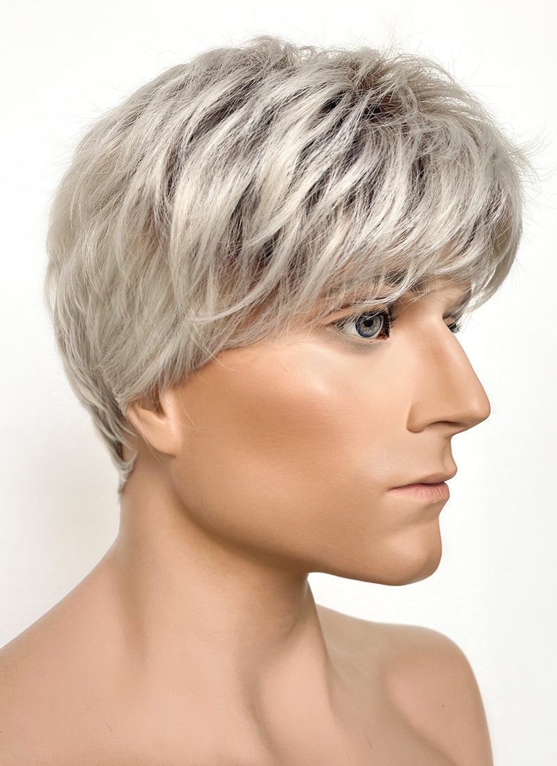 Ash Blonde With Dark Roots Straight Pixie Synthetic Men's Hair Wig NS424
