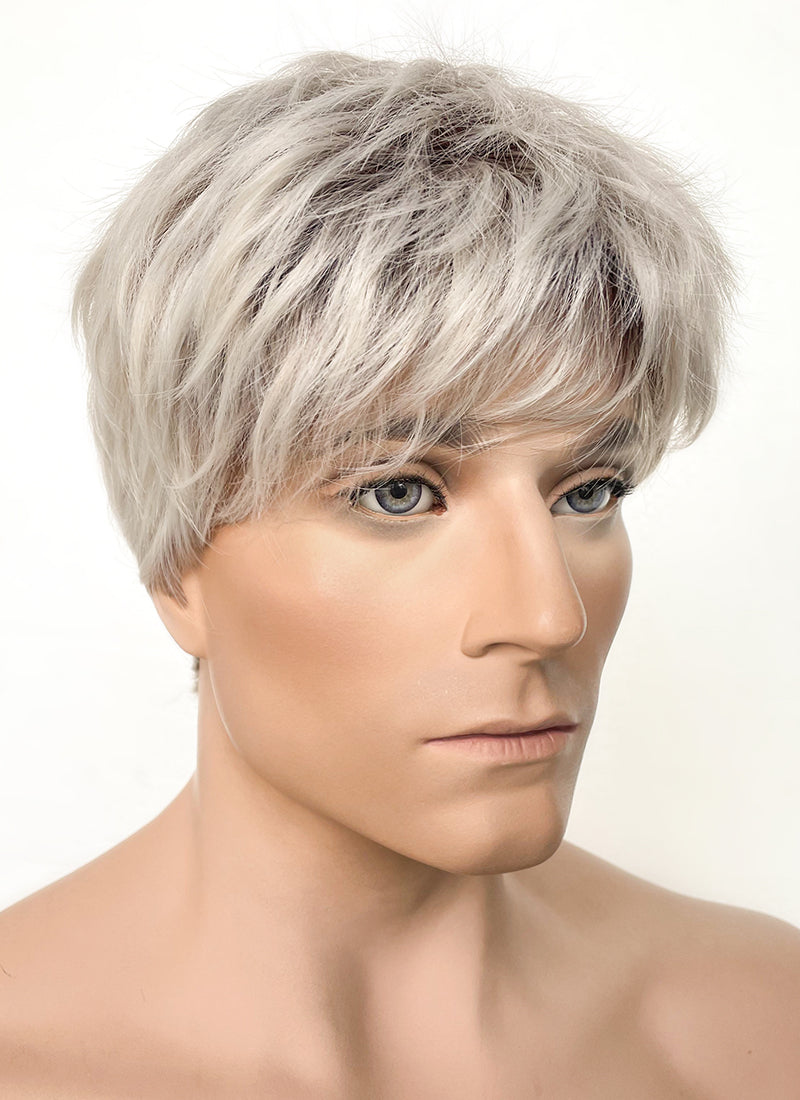 Ash Blonde With Dark Roots Straight Pixie Synthetic Men's Hair Wig NS424