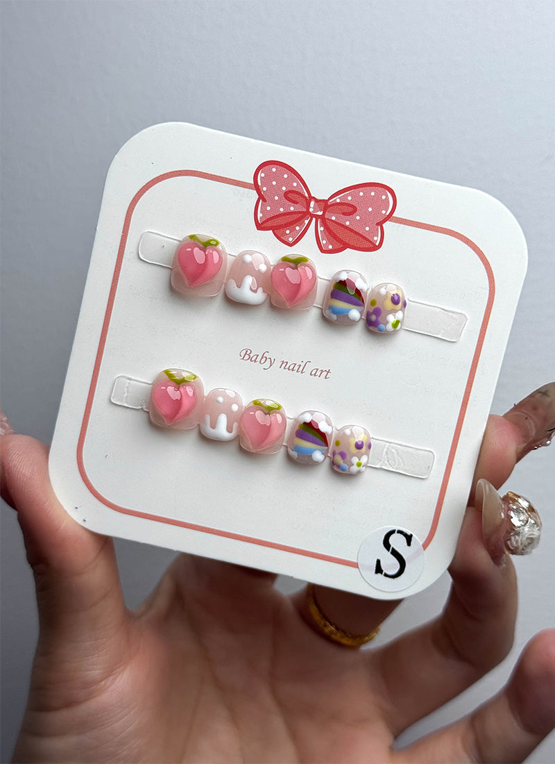 Pink Peach Sweet Blossom Coffin Handmade Children's Press-On Nails Kid NF036C