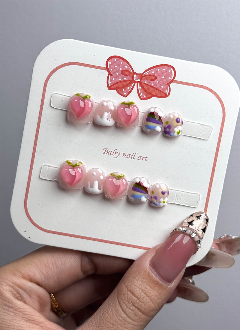 Pink Peach Sweet Blossom Coffin Handmade Children's Press-On Nails Kid