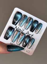 Dark Blue with Silver Shapes Luxury Coffin Handmade Press-On Nails NF085
