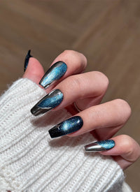 Dark Blue with Silver Shapes Luxury Coffin Handmade Press-On Nails NF085