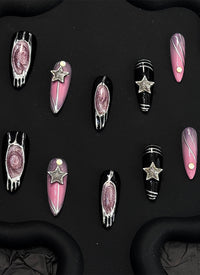 Edgy Black & Pink Sparkling Galaxy Almond Handmade Press-On Nails NF086