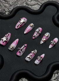 Pink with Gothic Spider Almond Handmade Press-On Nails NF087