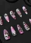 Pink with Gothic Spider Almond Handmade Press-On Nails NF087