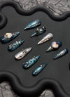 Midnight Glam Navy Blue & Silver X Hearts Almond Handmade Press-On Nails NF088