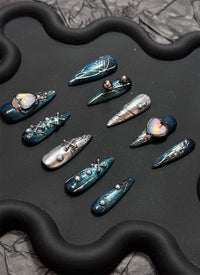 Midnight Glam Navy Blue & Silver X Hearts Almond Handmade Press-On Nails NF088