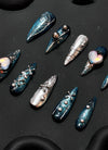 Midnight Glam Navy Blue & Silver X Hearts Almond Handmade Press-On Nails NF088