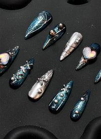 Midnight Glam Navy Blue & Silver X Hearts Almond Handmade Press-On Nails NF088