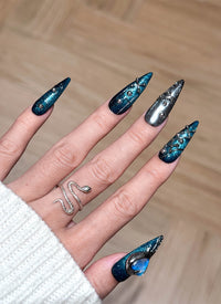 Midnight Glam Navy Blue & Silver X Hearts Almond Handmade Press-On Nails NF088