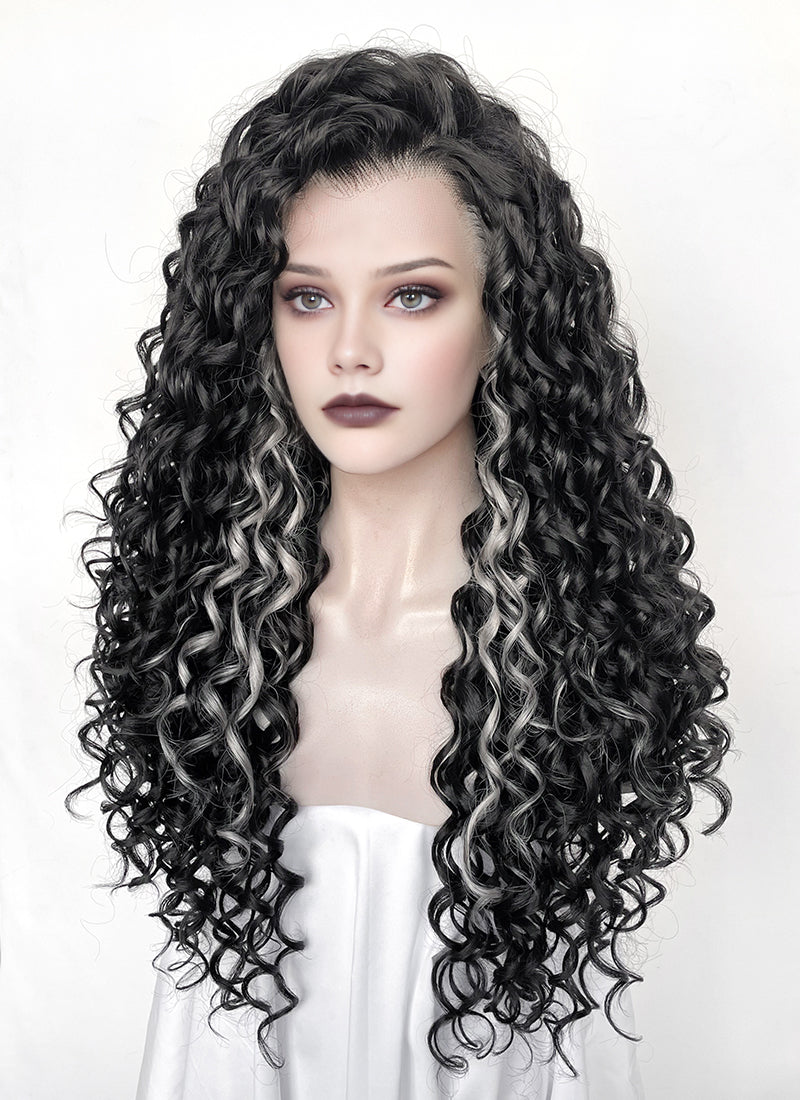 Black Mixed Silver Grey Curly Lace Front Synthetic Hair Wig LF1334