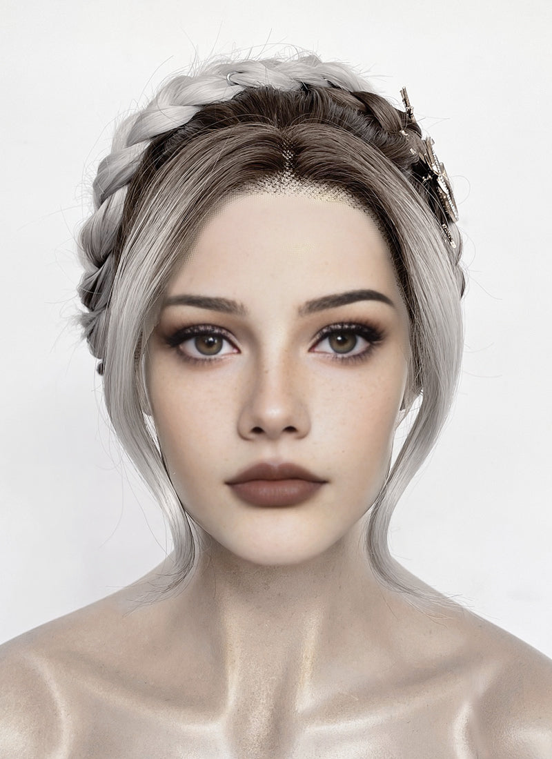 Fourth Wing Violet Sorrengail Brunette Silver Grey Ombre Braided