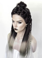 Black Grey White Ombre Braided Yaki Lace Front Synthetic Wig LF2194
