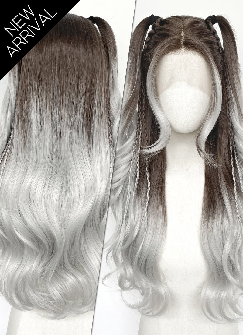 Brunette Silver Grey Ombre Braided Lace Front Synthetic Wig LF2201