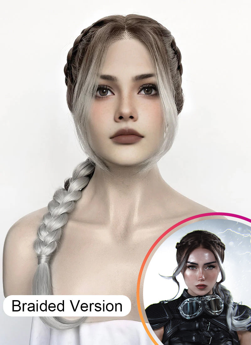Fourth Wing Violet Sorrengail Brunette Silver Grey Ombre Braided Lace Front Synthetic Wig LF2519