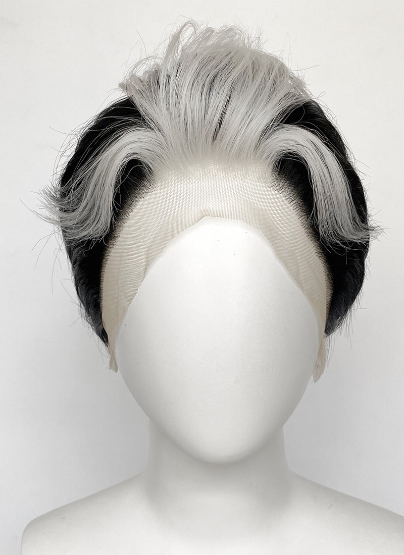 Helluva Boss Blitzo Buckzo Black and Silver White Money Piece Straight Lace Front Synthetic Men's Wig LF6065