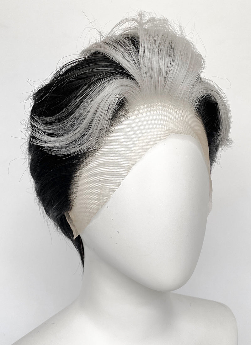 Helluva Boss Blitzo Buckzo Black and Silver White Money Piece Straight Lace Front Synthetic Men's Wig LF6065