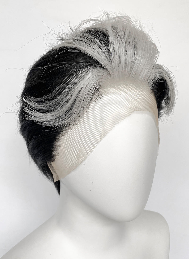 Helluva Boss Blitzo Buckzo Black and Silver White Money Piece Straight Lace Front Synthetic Men's Wig LF6065