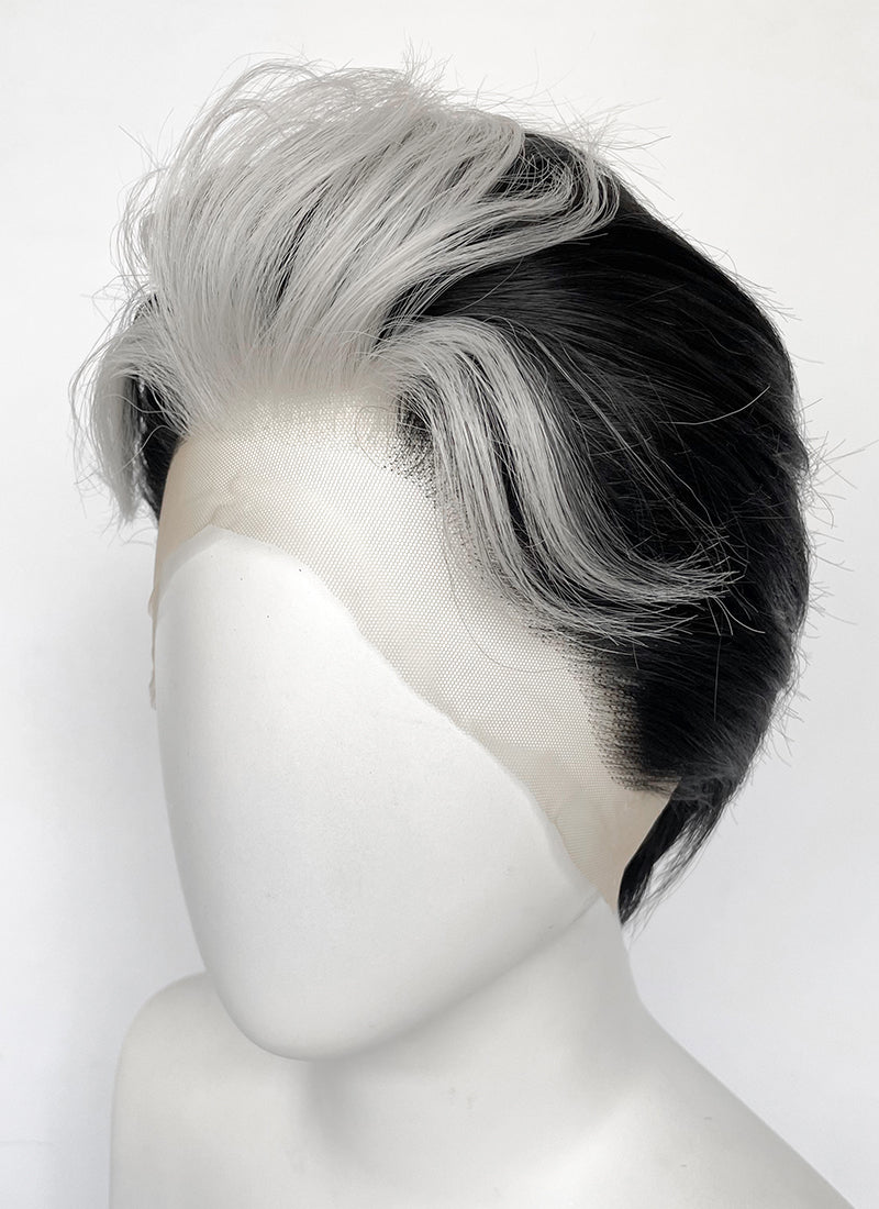 Helluva Boss Blitzo Buckzo Black and Silver White Money Piece Straight Lace Front Synthetic Men's Wig LF6065