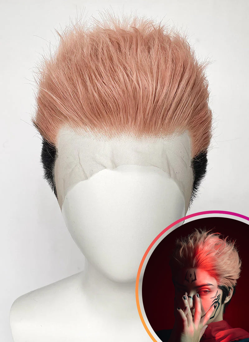 Jujutsu Kaisen Sukuna/Yuji Itadori Peach Pink Black Ombre Wavy Lace Front Synthetic Men's Wig LF6130