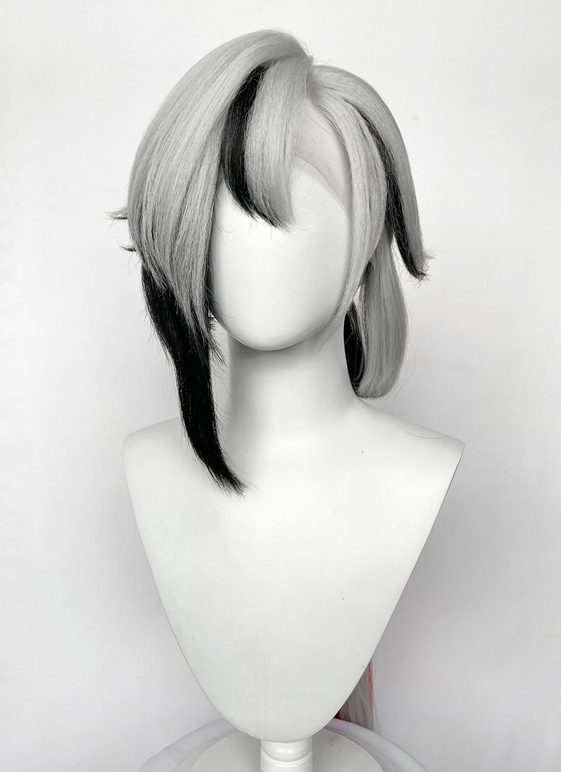 Genshin Impact Arlecchino Grey Black Red Brown Mixed Straight Yaki Lace Front Synthetic Wig LF6174