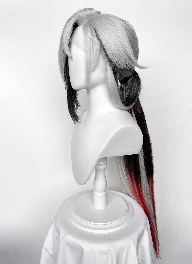Genshin Impact Arlecchino Grey Black Red Brown Mixed Straight Yaki Lace Front Synthetic Wig LF6174