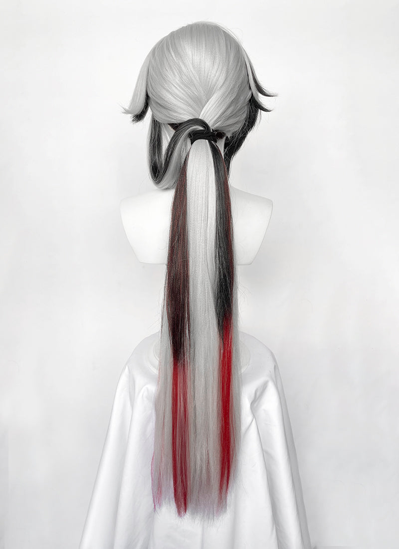 Genshin Impact Arlecchino Grey Black Red Brown Mixed Straight Yaki Lace Front Synthetic Wig LF6174